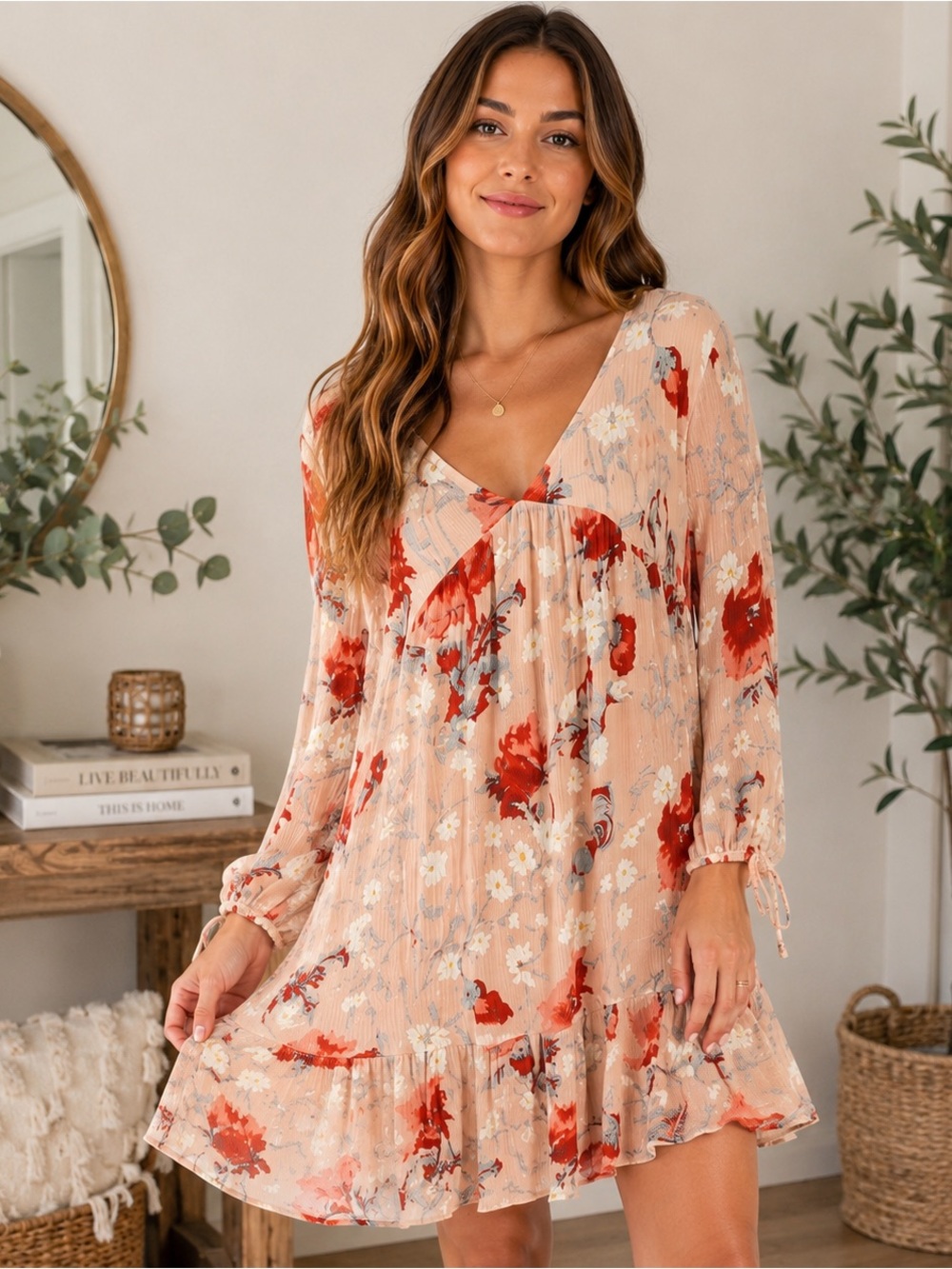Entro Floral Babydoll Dress Women’s Medium Pink Red Boho Cottagecore Ruffle Hem